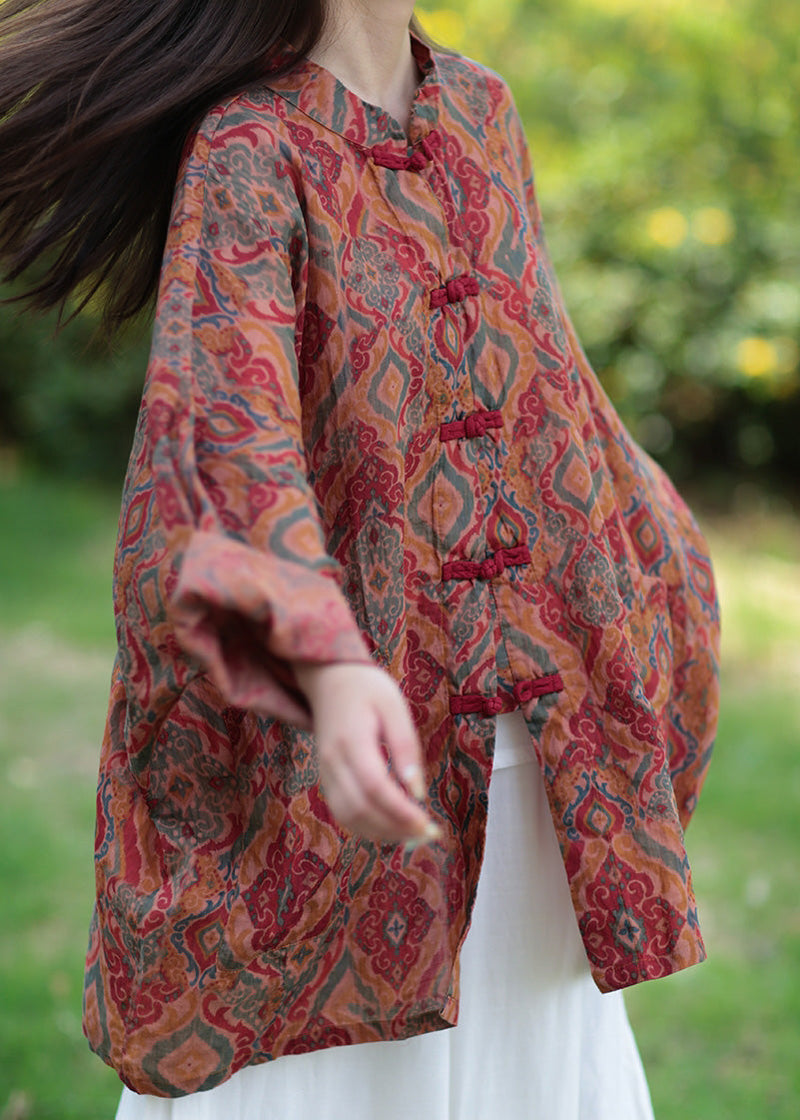 Stand Collar Print Button Ramie Long Coats Spring