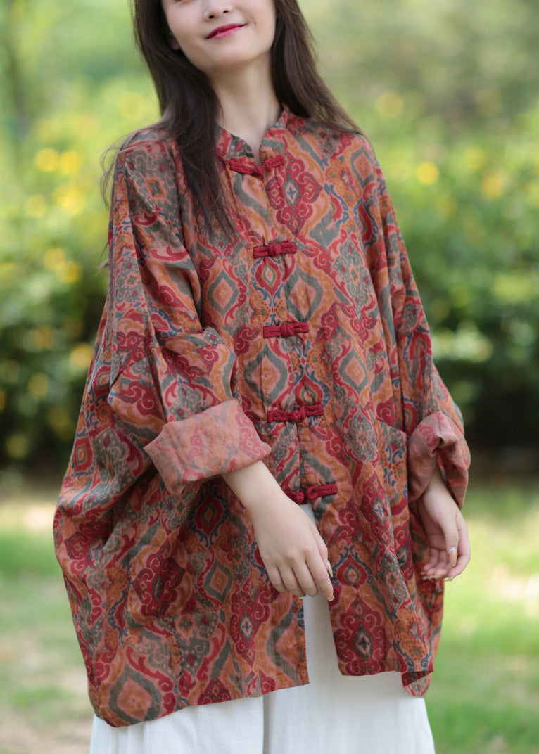 Stand Collar Print Button Ramie Long Coats Spring