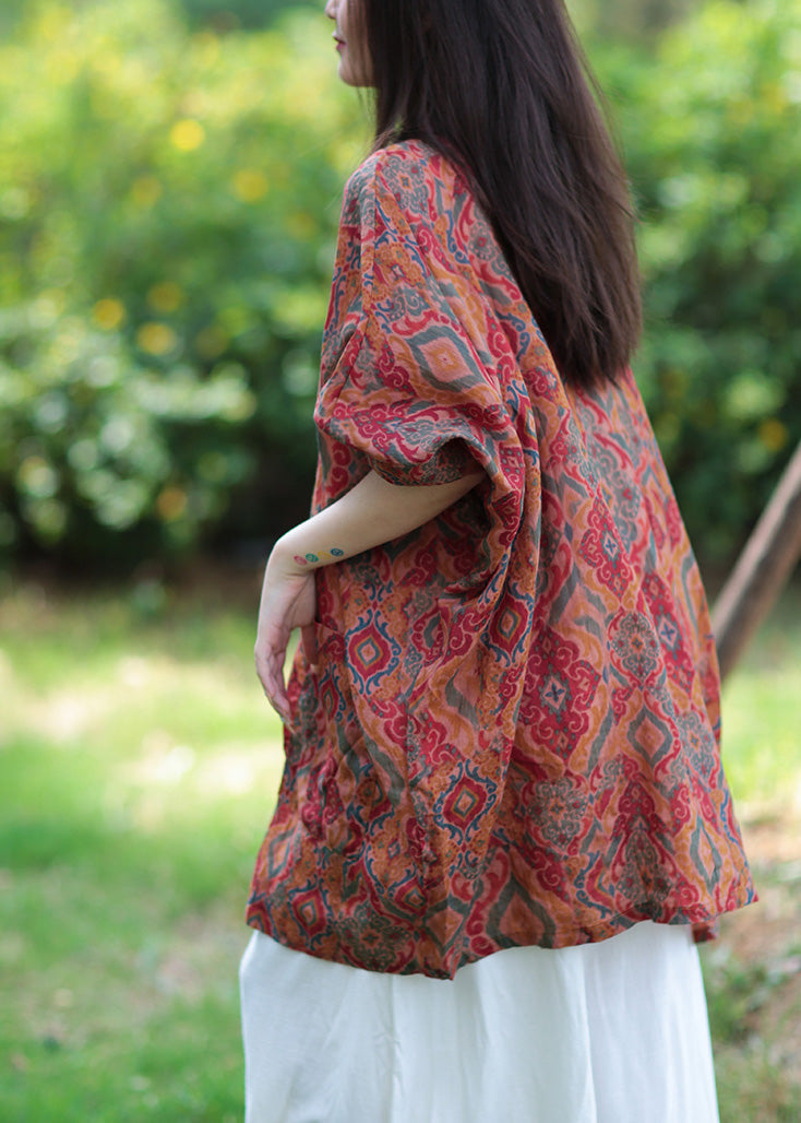 Stand Collar Print Button Ramie Long Coats Spring