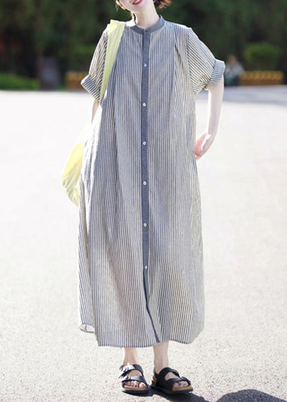 Stand Collar Striped Button Cotton Shirts Dress Summer