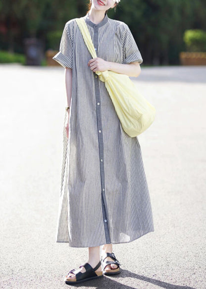 Stand Collar Striped Button Cotton Shirts Dress Summer
