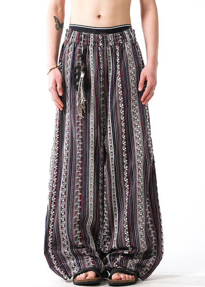 Striped Embroideried Elastic Waist Patchwork Linen Pants Summer