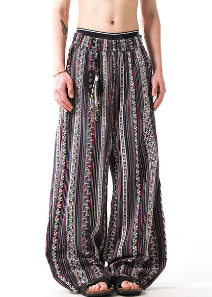 Striped Embroideried Elastic Waist Patchwork Linen Pants Summer