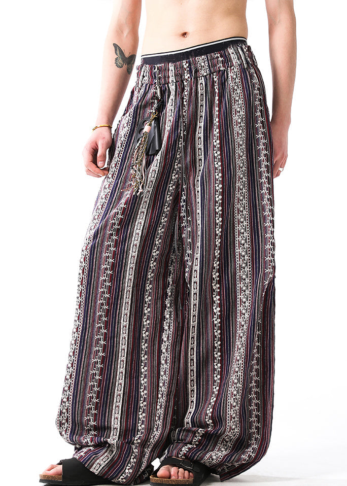 Striped Embroideried Elastic Waist Patchwork Linen Pants Summer