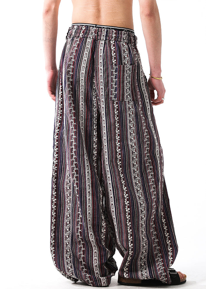 Striped Embroideried Elastic Waist Patchwork Linen Pants Summer