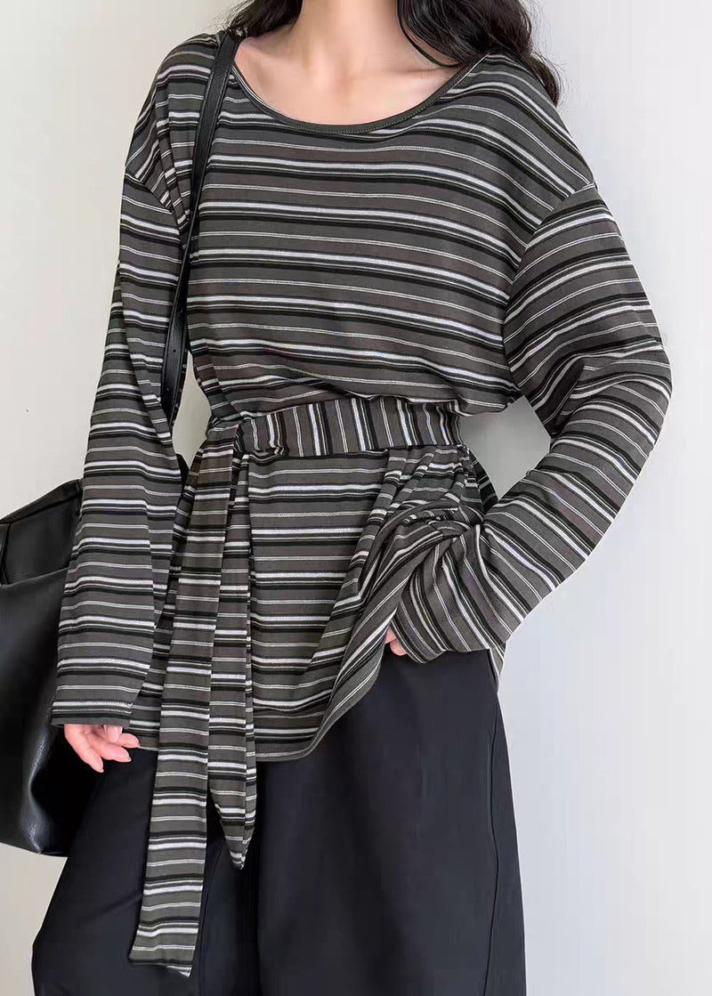 Striped O-neck Side Open T Shirt Spring
