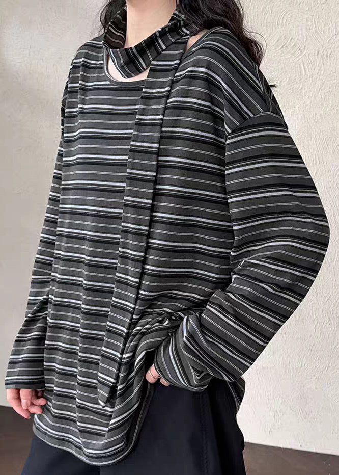 Casual Striped O-Neck Side Open T Shirt Spring