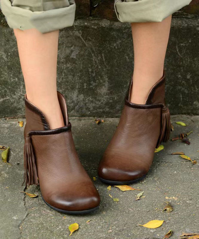 Tassel Splicing Chunky Ankle Boots Brown Cowhide Leather