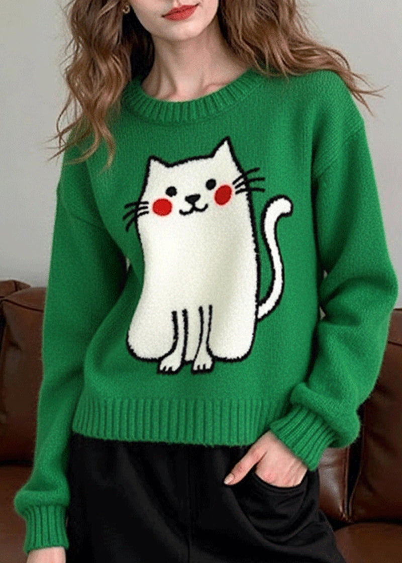 Tea Green Oversized Cat Knit Sweater Tops Winter