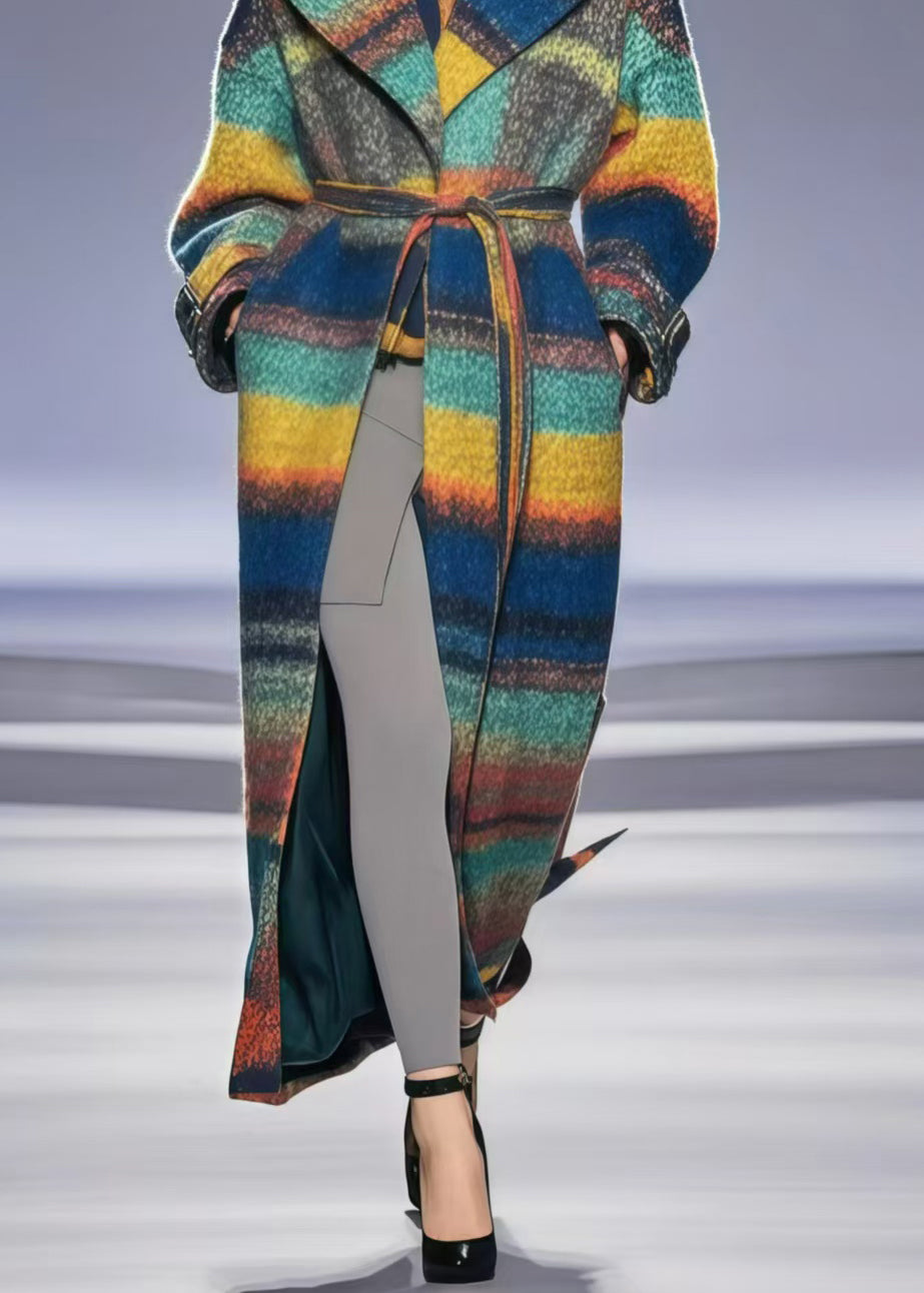 Tie Waist Print Woolen Trench Coats Fall