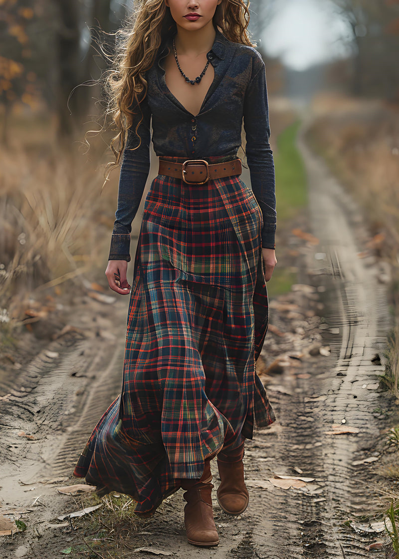 V Neck Plaid Patchwork Cotton Long Dress Spring
