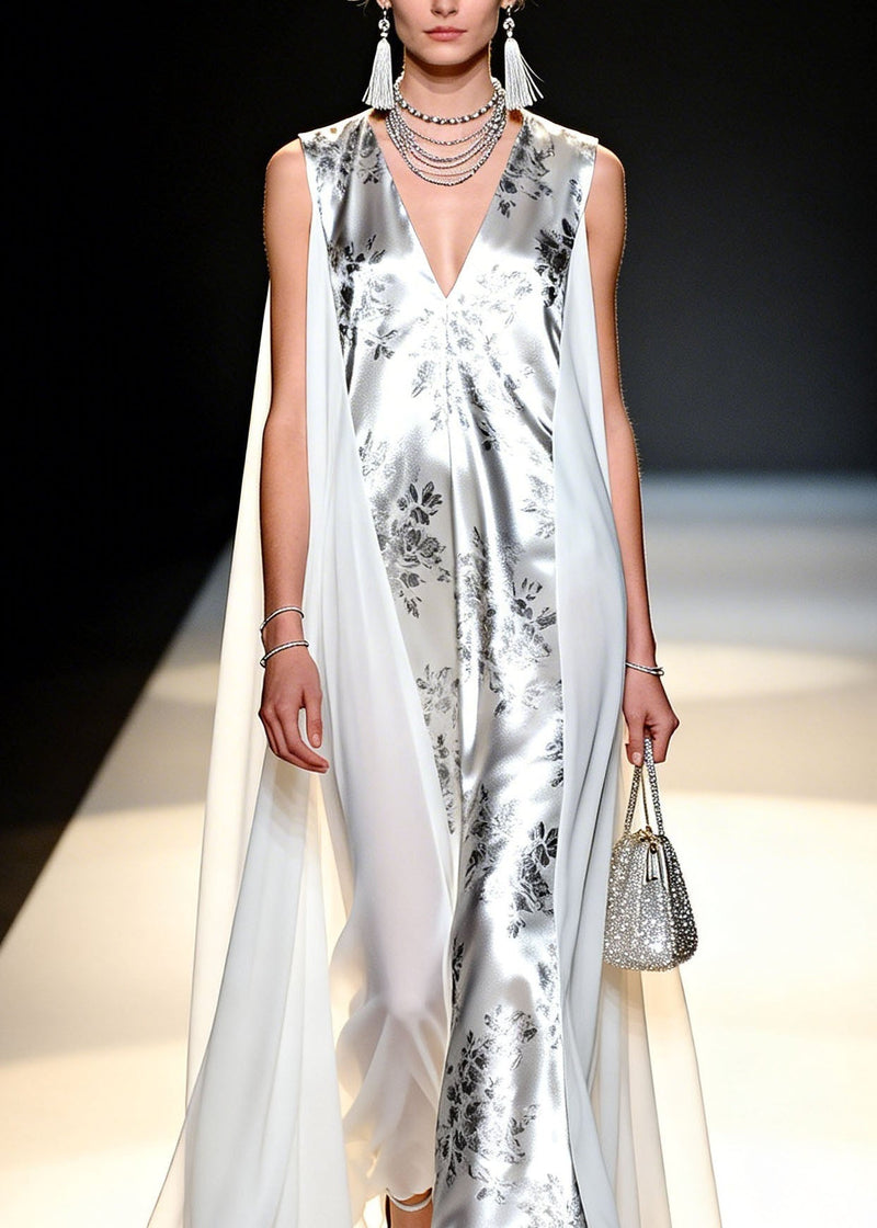 V Neck Print Patchwork Chiffon Vacation Dresses Sleeveless