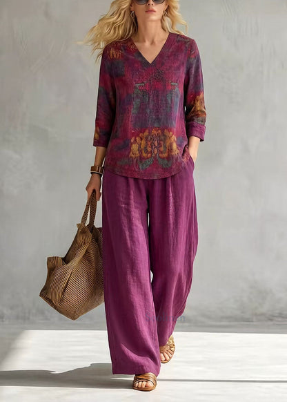 V Neck Print Top and Pants Cotton Two-piece Set Summer