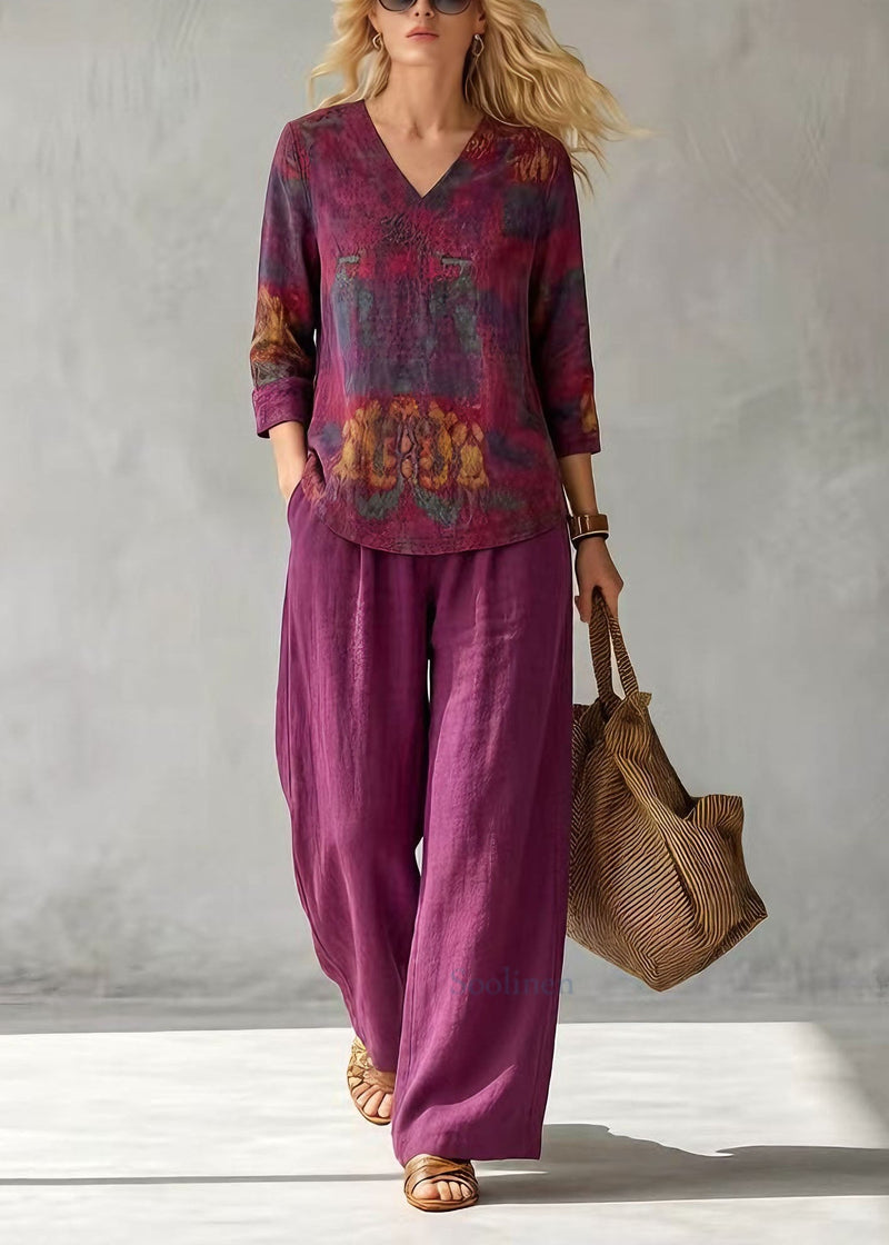 V Neck Print Top and Pants Cotton Two-piece Set Summer