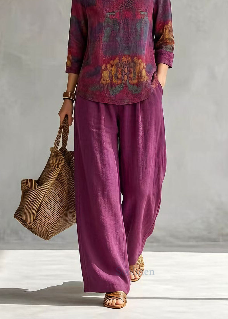 V Neck Print Top and Pants Cotton Two-piece Set Summer
