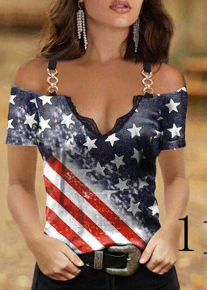 V Neck Ptint Off the Shoulder Sequined Cotton Spaghetti Strap Tops Summer