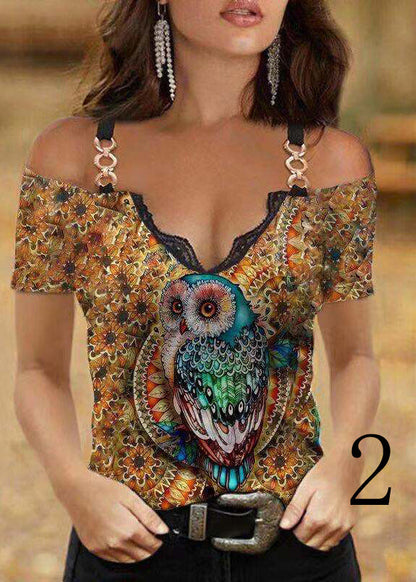 V Neck Ptint Off the Shoulder Sequined Cotton Spaghetti Strap Tops Summer