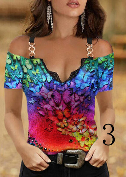 V Neck Ptint Off the Shoulder Sequined Cotton Spaghetti Strap Tops Summer