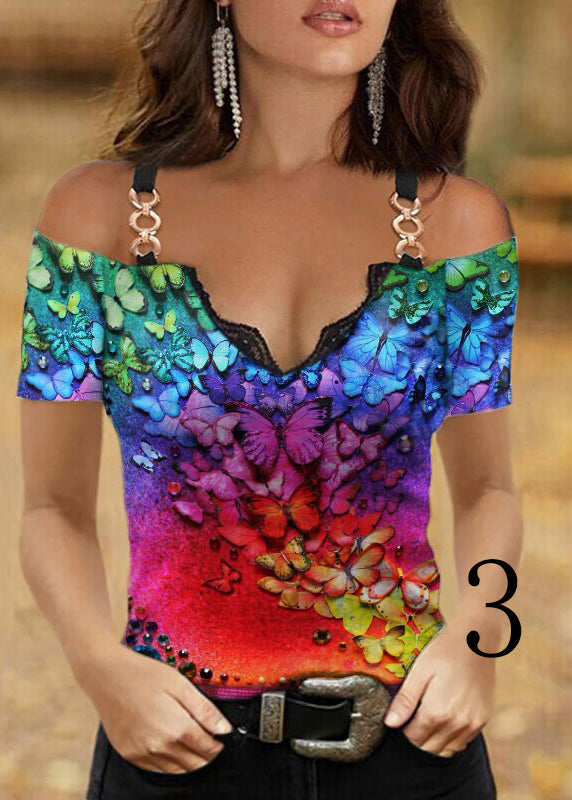 V Neck Ptint Off the Shoulder Sequined Cotton Spaghetti Strap Tops Summer