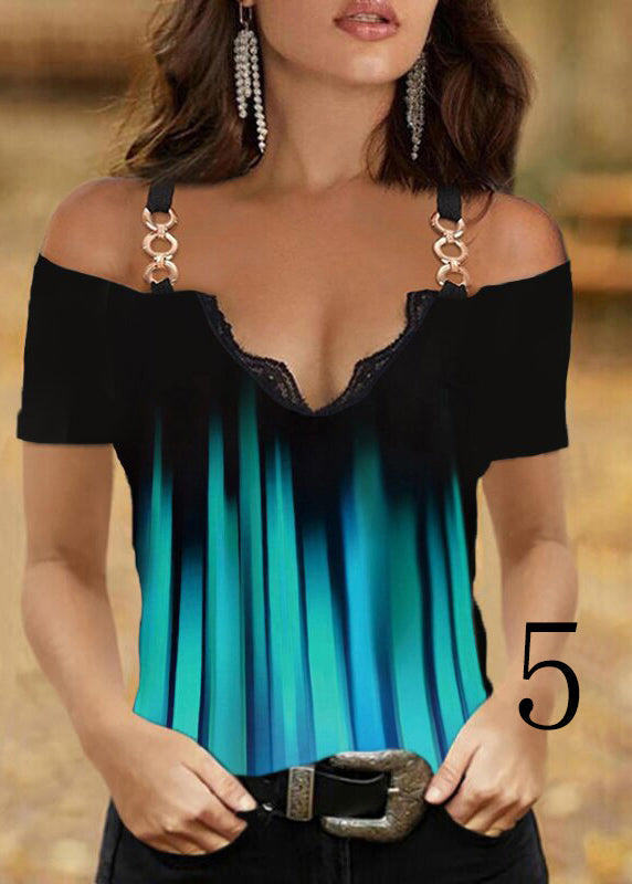 V Neck Ptint Off the Shoulder Sequined Cotton Spaghetti Strap Tops Summer