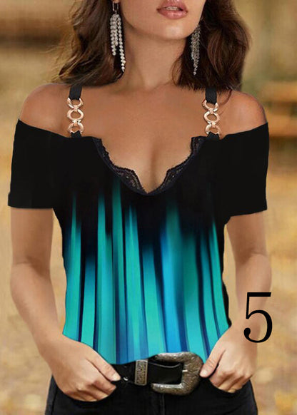 V Neck Ptint Off the Shoulder Sequined Cotton Spaghetti Strap Tops Summer
