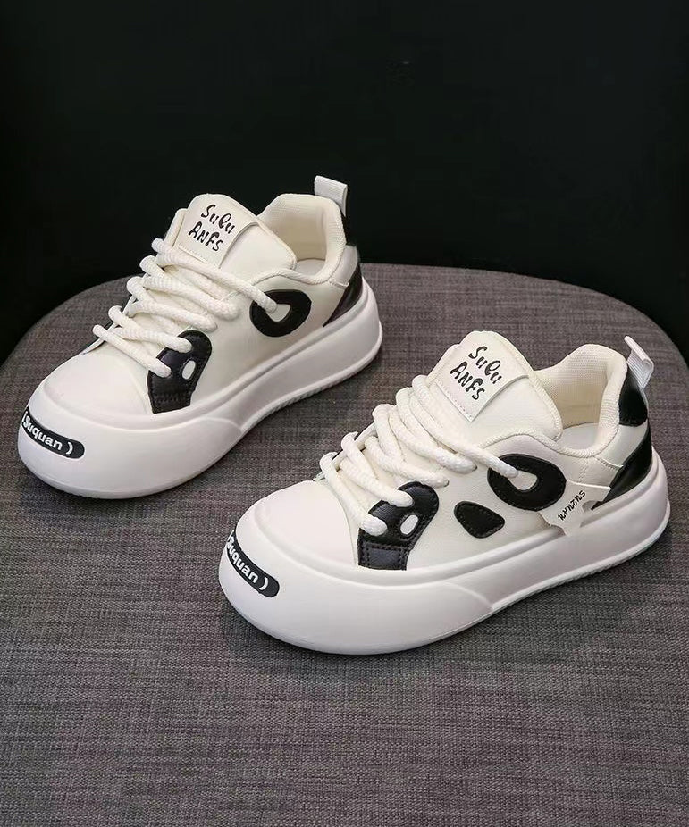 Versatile Beige Black Flats Shoes Lace Up
