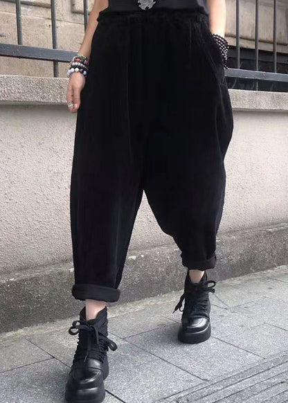 Versatile Black Pockets Elastic Waist Corduroy Pants Fall