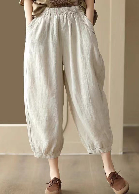 Linen Color Pockets Elastic Waist Harem Pants Summer