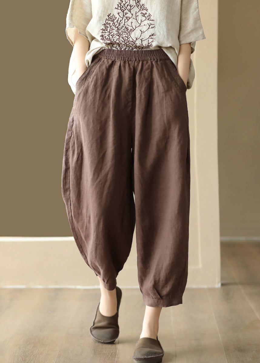 Linen Color Pockets Elastic Waist Harem Pants Summer