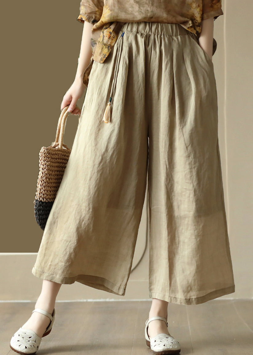 Orange Tasseled Elastic Waist Linen Wide Leg Pants Summer