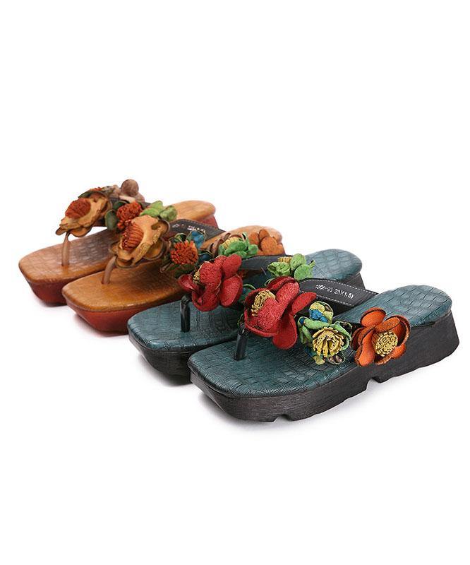 Wedge Thong Sandals Orange Cowhide Leather Flip Flops