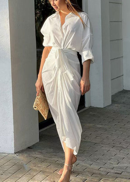 White Asymmetrical Cotton Long Dresses Long Sleeve