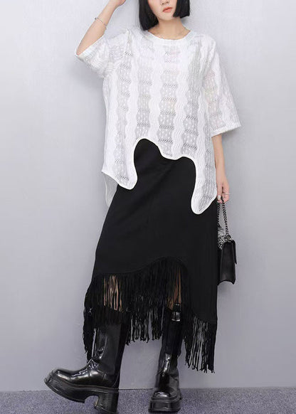 White Asymmetrical Hollow Out Cotton Tops Summer
