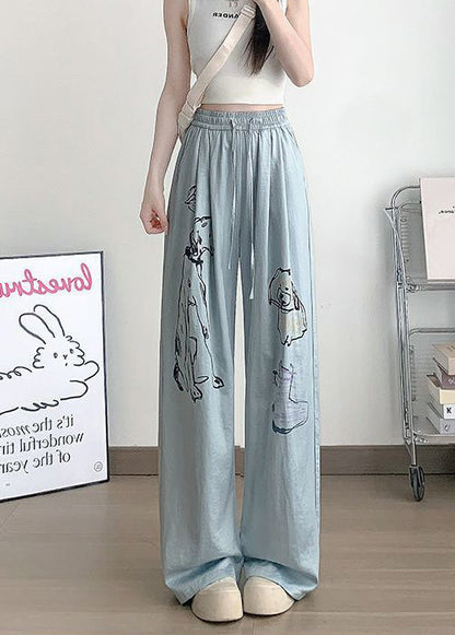 White Cartoon Print Cotton Wide Leg Pants Fall