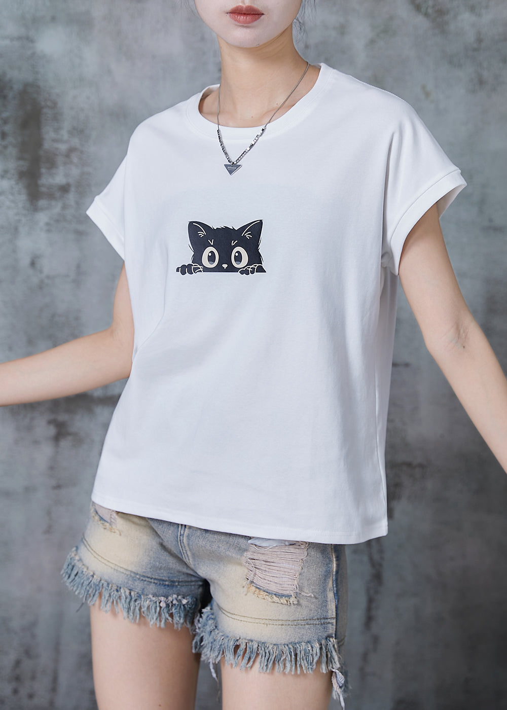 White Cat Print Cotton Tank Tops Summer