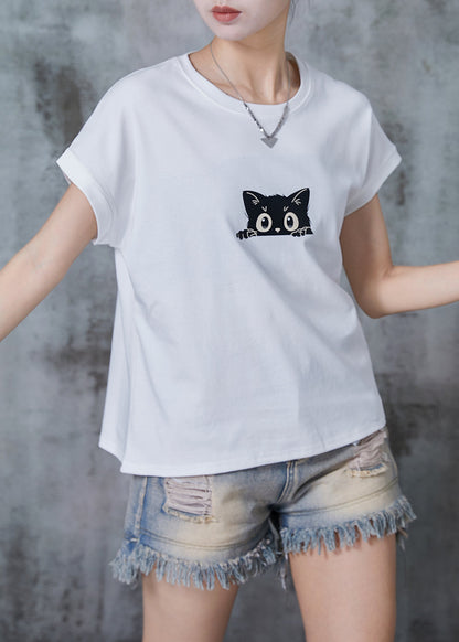 White Cat Print Cotton Tank Tops Summer
