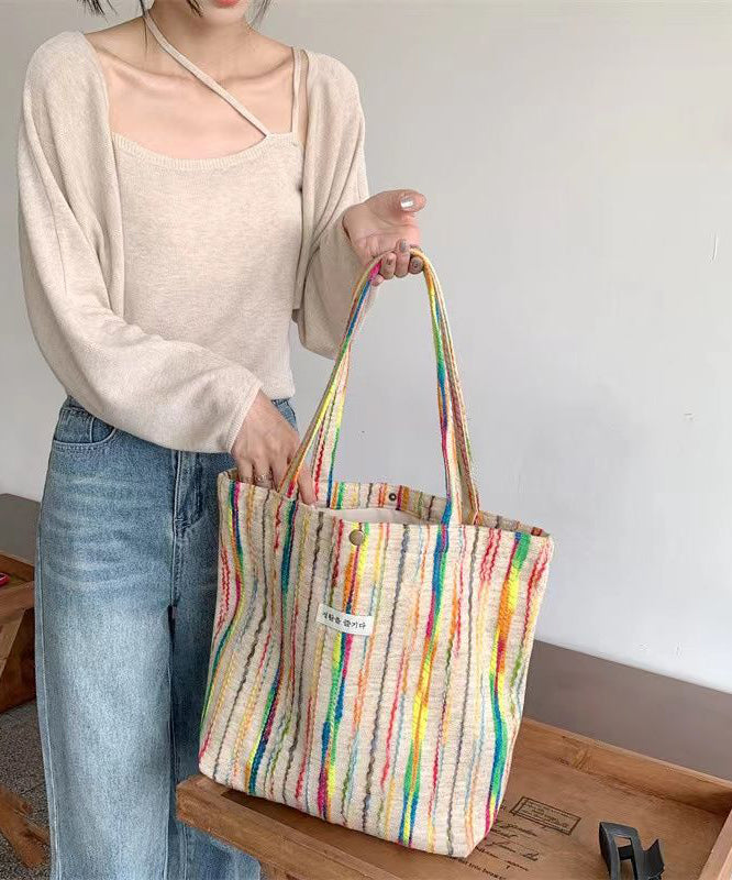 White Colorful Stripes High-capacity Woolen Satchel Handbag