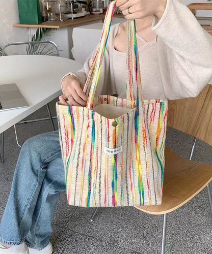 White Colorful Stripes High-capacity Woolen Satchel Handbag