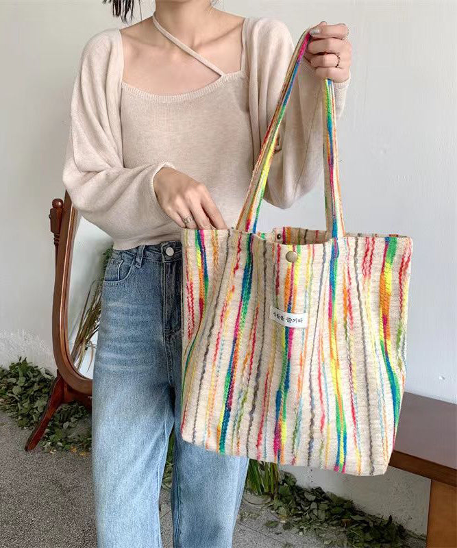White Colorful Stripes High-capacity Woolen Satchel Handbag
