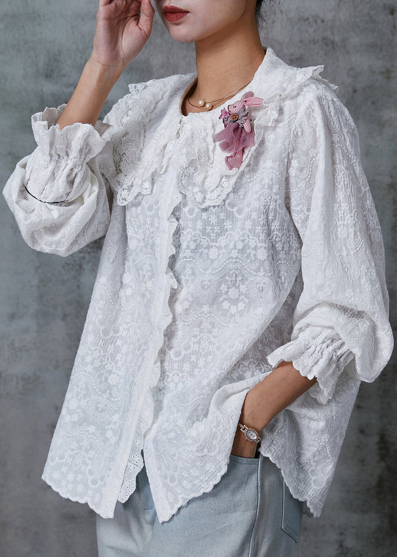 White Double-layer Embroidered Cotton Blouse Top Spring