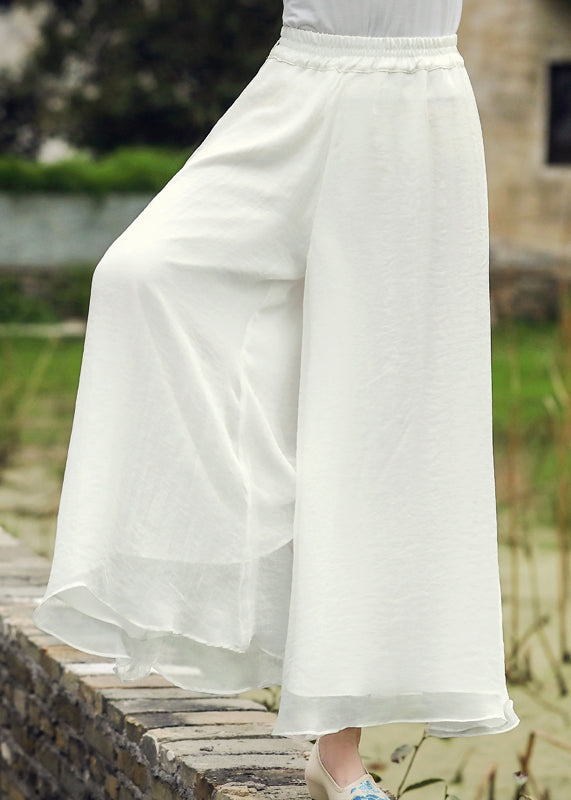 White Elastic Waist Silk Wide Leg Pants Spring