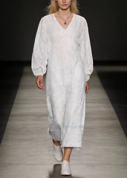 White Embroidered Hollow Out Cotton Ankle Dress Spring