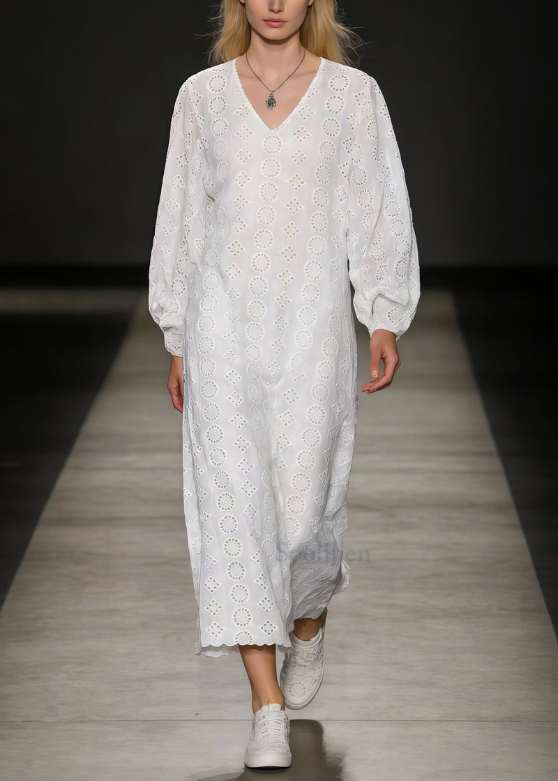 White Embroidered Hollow Out Cotton Ankle Dress Spring