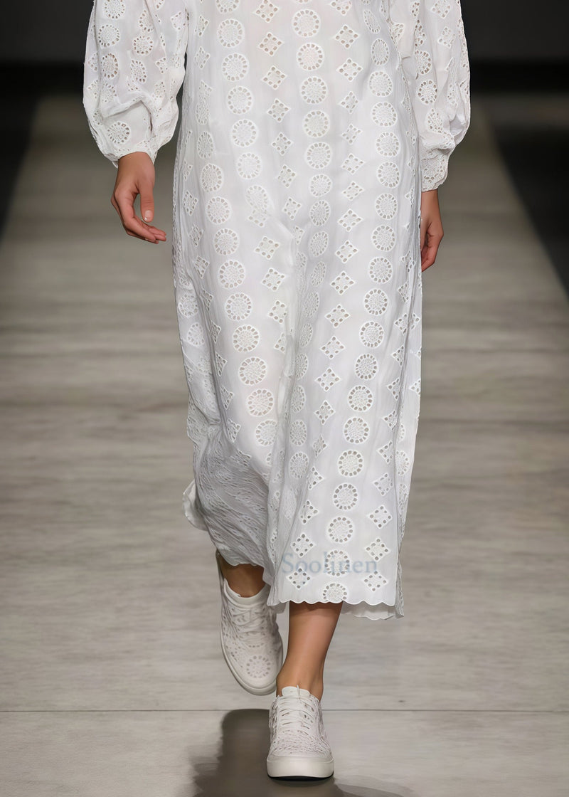 White Embroidered Hollow Out Cotton Ankle Dress Spring