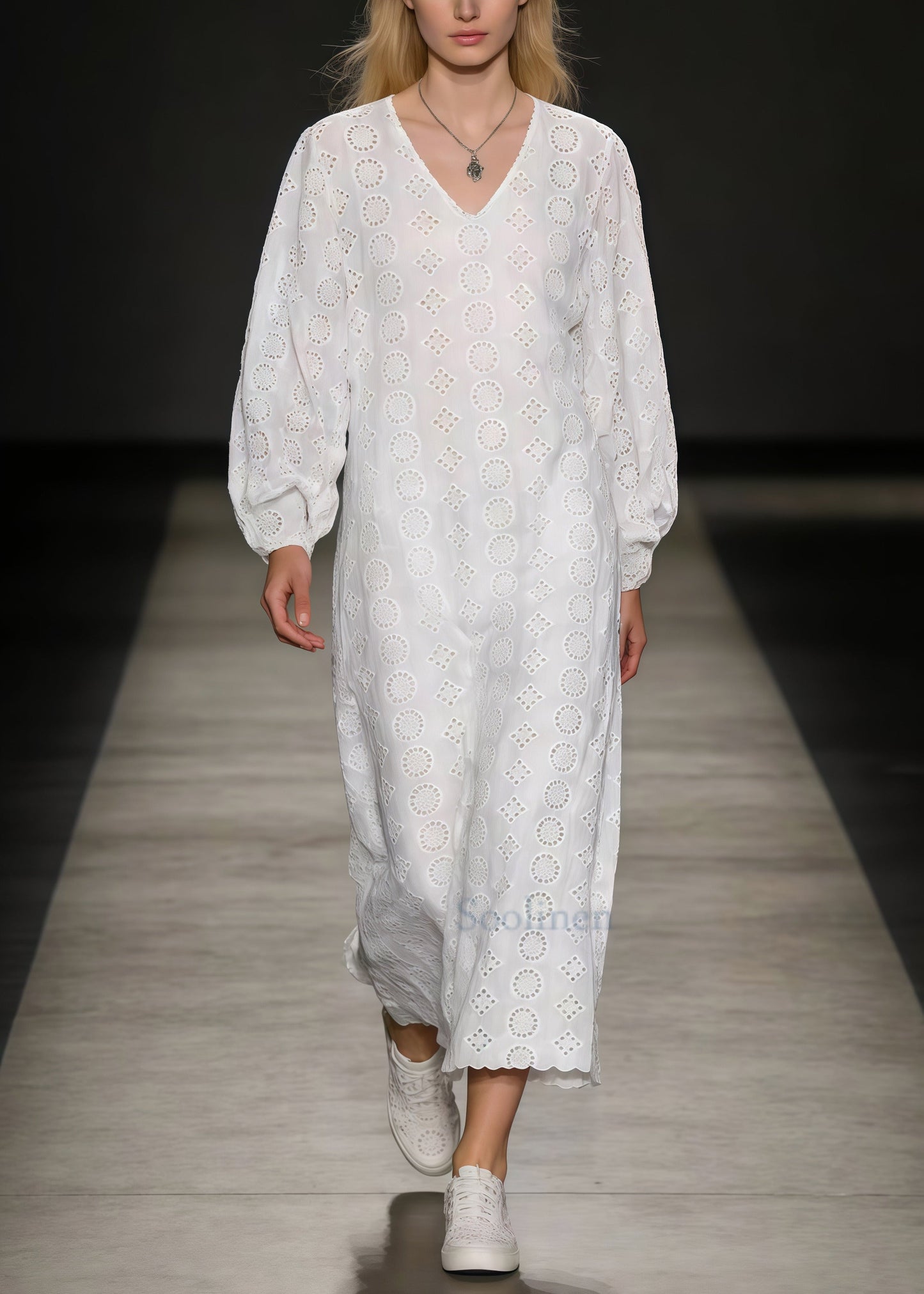 White Embroidered Hollow Out Cotton Ankle Dress Spring