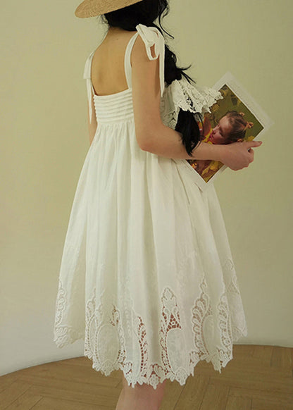 White Embroidered Hollow Out Cotton Party Long Dress Summer