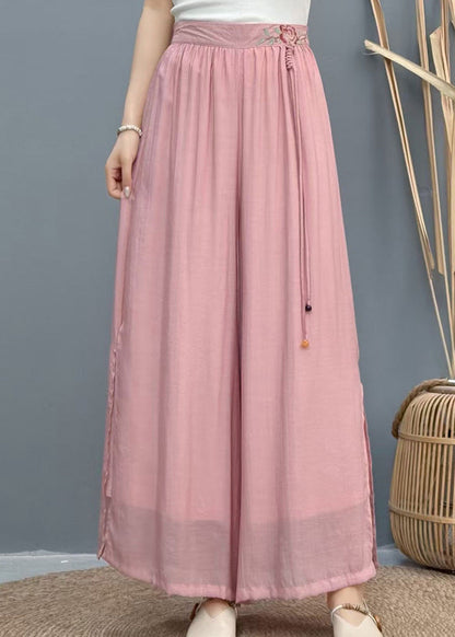 White Embroidered Side Open Linen Wide Leg Pants Summer