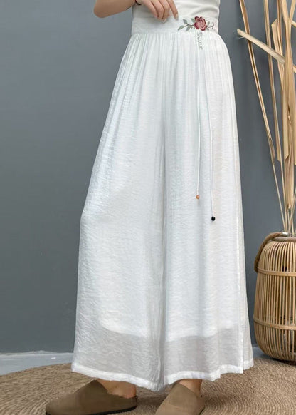 White Embroidered Side Open Linen Wide Leg Pants Summer