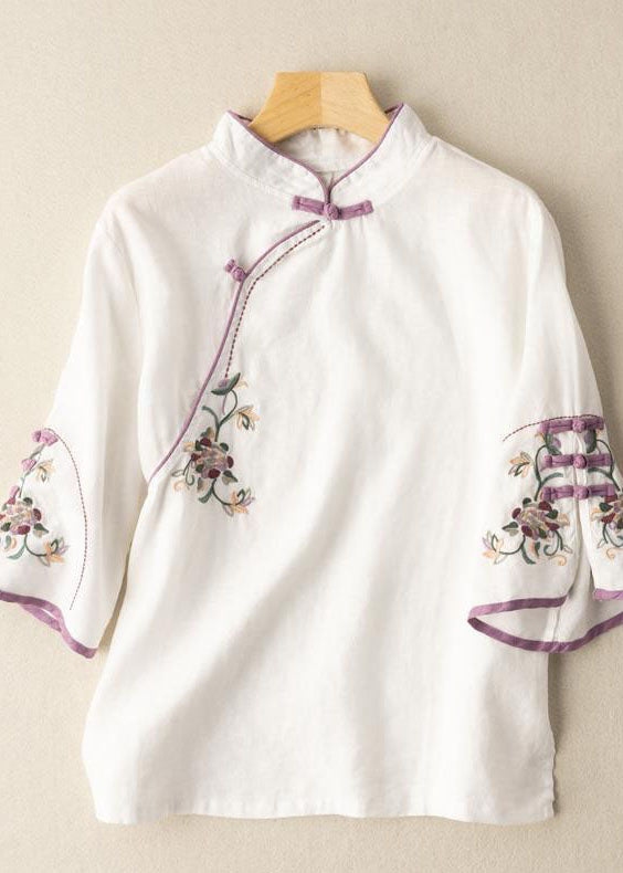 White Embroideried Button Blouse Tops Half Sleeve