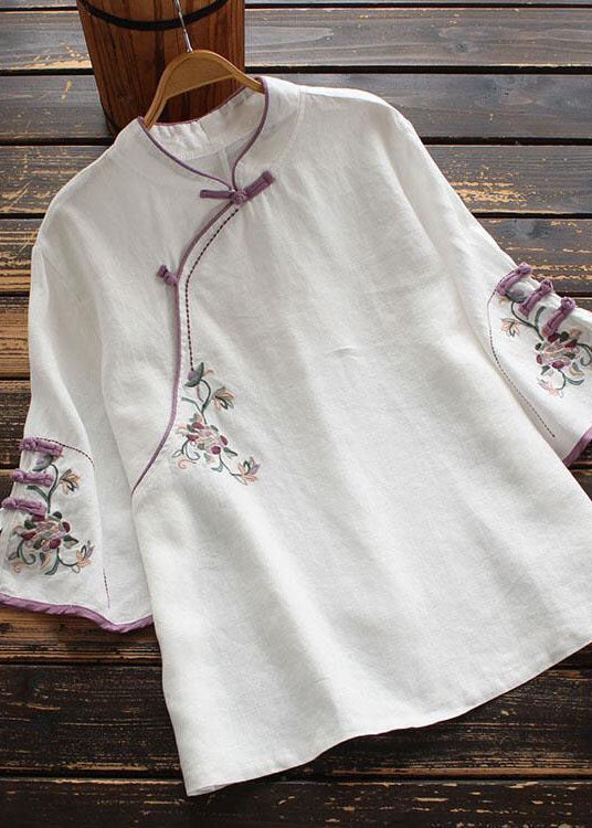 White Embroideried Button Blouse Tops Half Sleeve